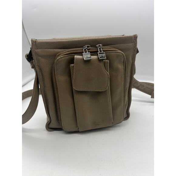 Vintage PERLINA New York Taupe Genuine Leather Sling Crossbody Bag Many Pockets - Picture 1 of 10